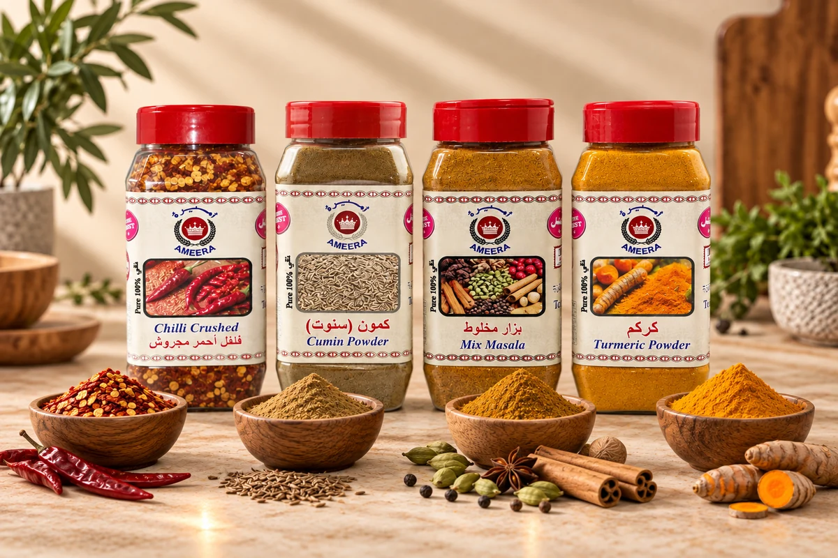Ameera crushed chilli, cumin powder, mixed masala and turmeric spice collection