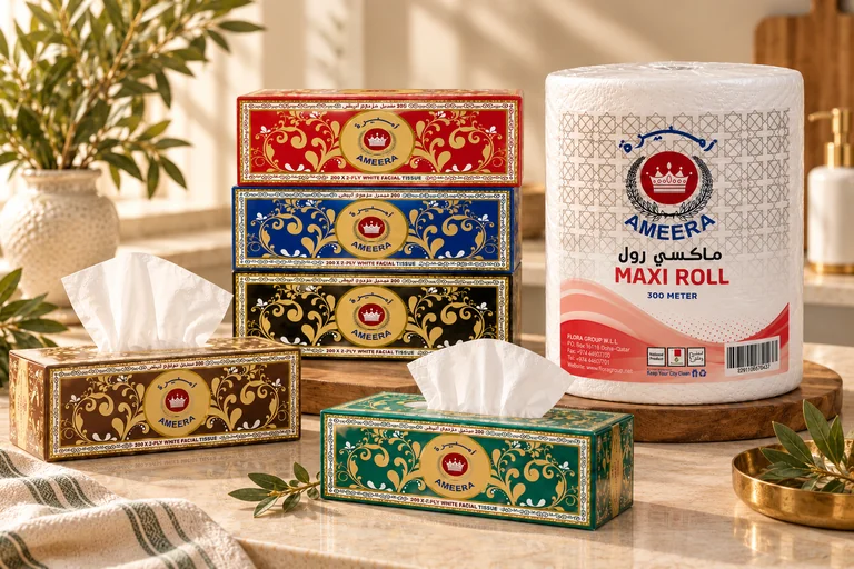 Ameera facial tissue boxes and maxi roll
