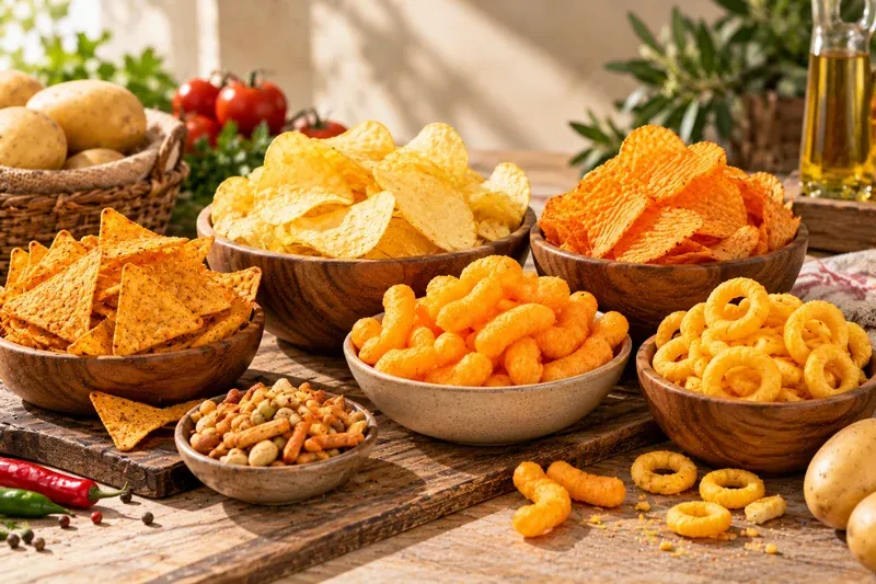 Potato chips and savoury snack selection