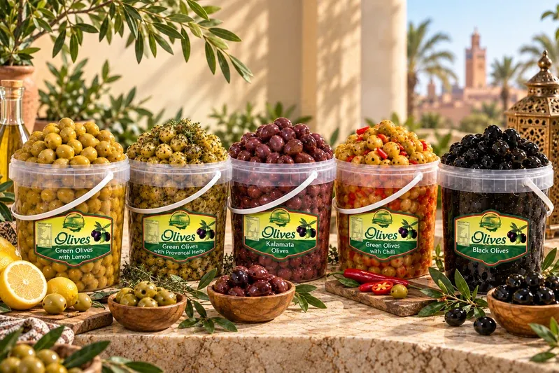 Moroccan green, Kalamata and black olive varieties