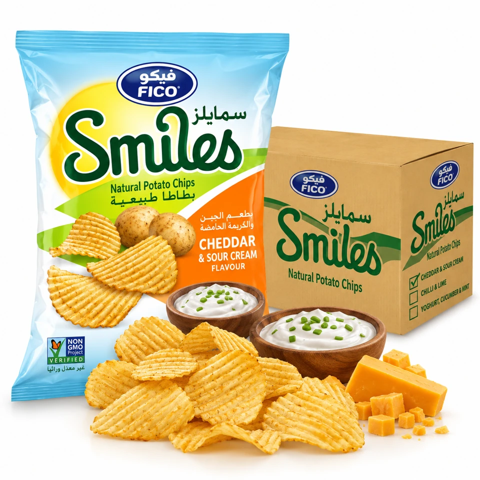 FICO Smiles Cheddar & Sour Cream product and outer packaging