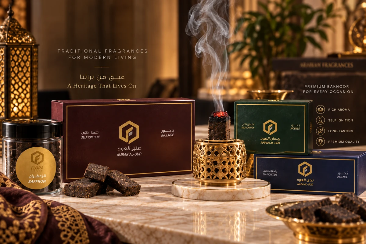 Flora Bakhoor collection with oud incense boxes and Saffron jar