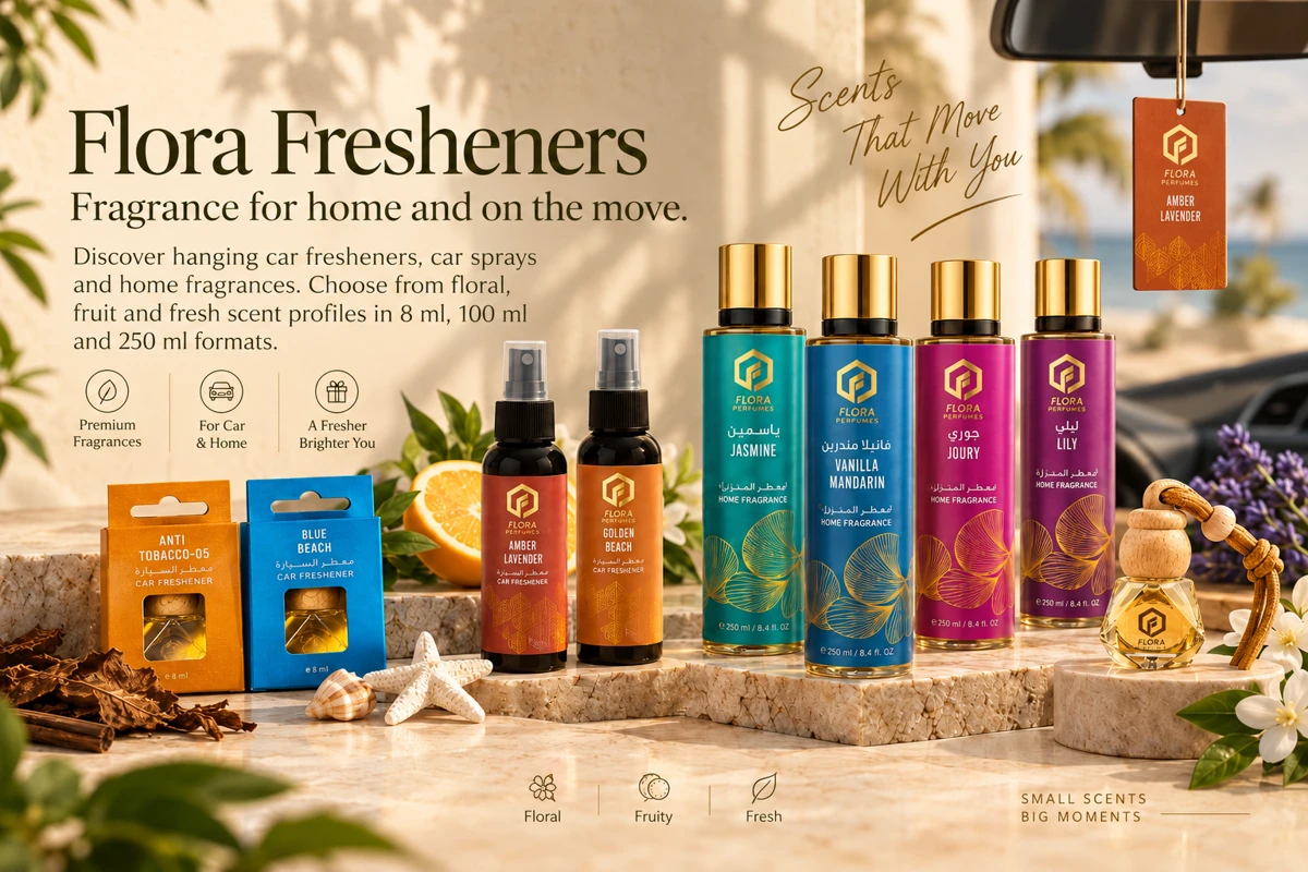 Flora Fresheners collection of hanging car fresheners, car sprays and home fragrances