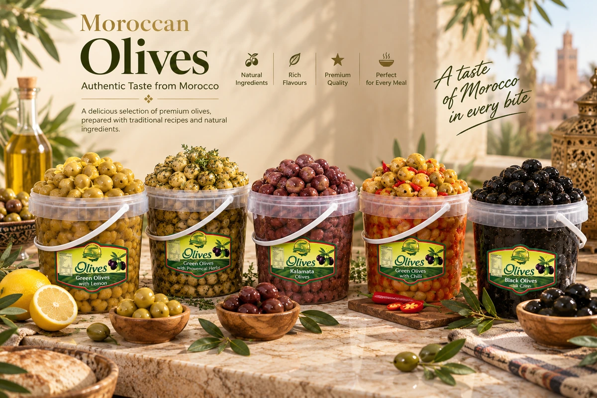 Moroccan olives collection: lemon, Provençal herbs, Kalamata, chilli and black olives