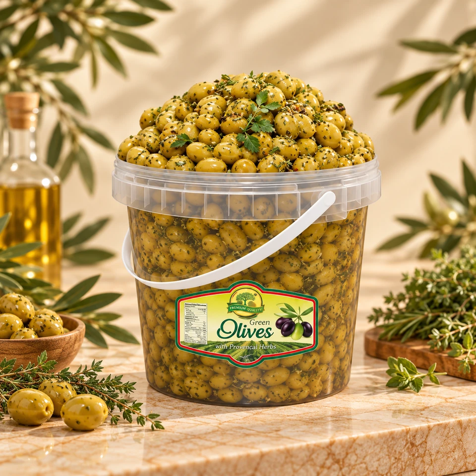 Green Olives with Provençal Herbs product presentation