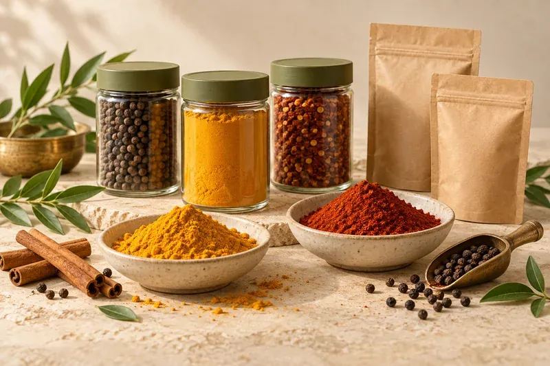 Illustrative arrangement of spices, unbranded jars and kraft packaging