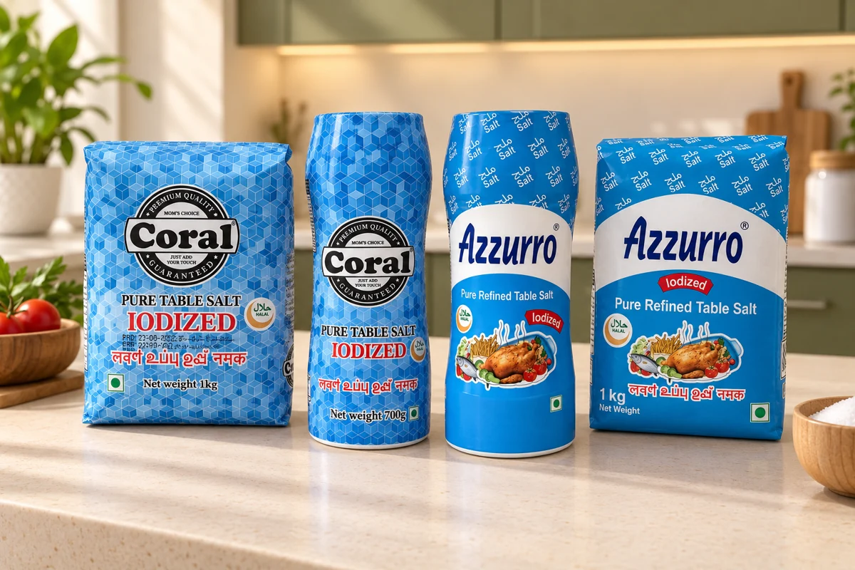 Coral and Azzouro table salt bags and canisters