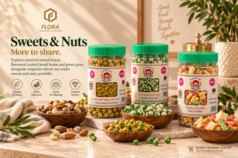 Ameera rice crackers and green pea snack selection